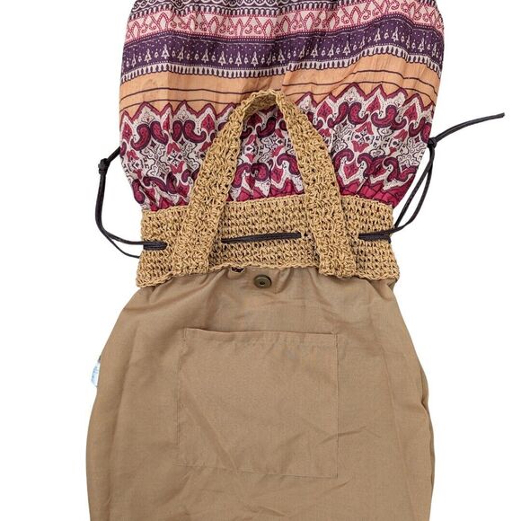 Woven Straw Boho Tote Shoulder Cinch Bag Drawstring Closure Geometric Pattern - Picture 8 of 14